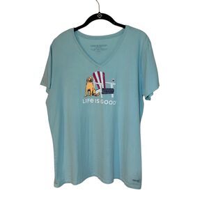 Life Is Good Womens Crusher V Neck Golden Retriever Patriotic T Shirt XL Cotton